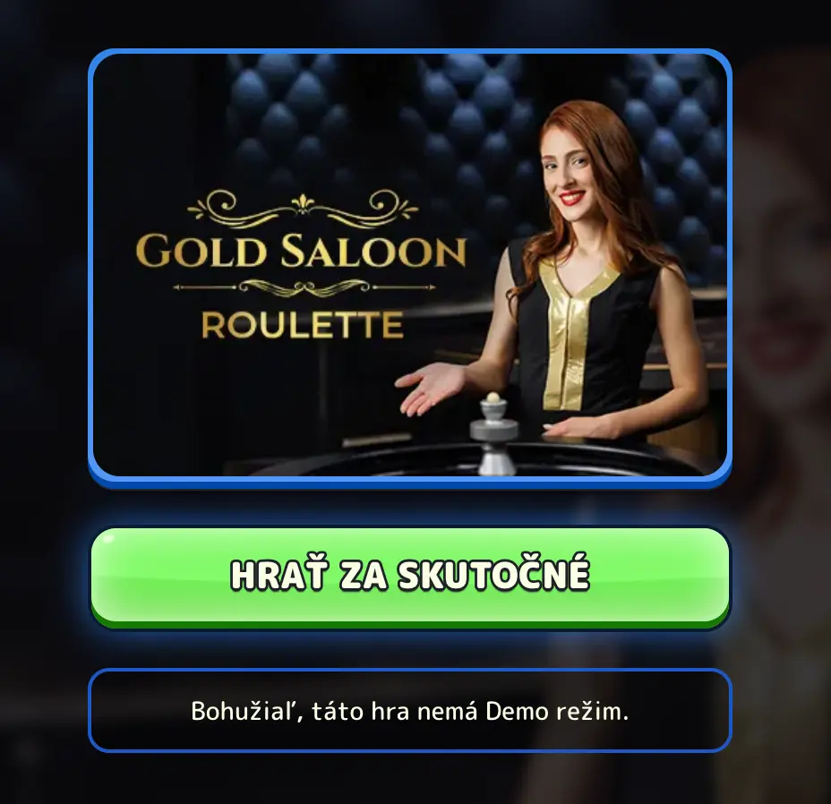 Krupiérka v hre Gold Saloon Roulette s ruletovým stolom a nápisom „HRAŤ ZA SKUTOČNÉ
